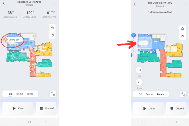 В приложении Roborock S8 Pro Ultra выбрана уборка только под мебелью.